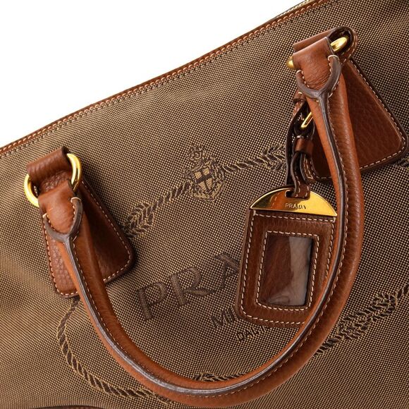Prada Logo Convertible Zip Satchel Canvas with Leather Large Brown - Picture 7 of 9